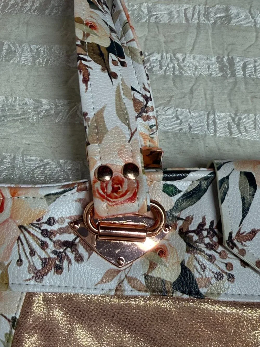 Queen & Beyond Rose Floral Faux Leather Diaper Bag Tote Rose Gold